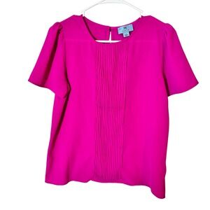 CeCe Magenta Pink Pleated Front Puff Sleeve Blouse Size S Short Sleeve Top